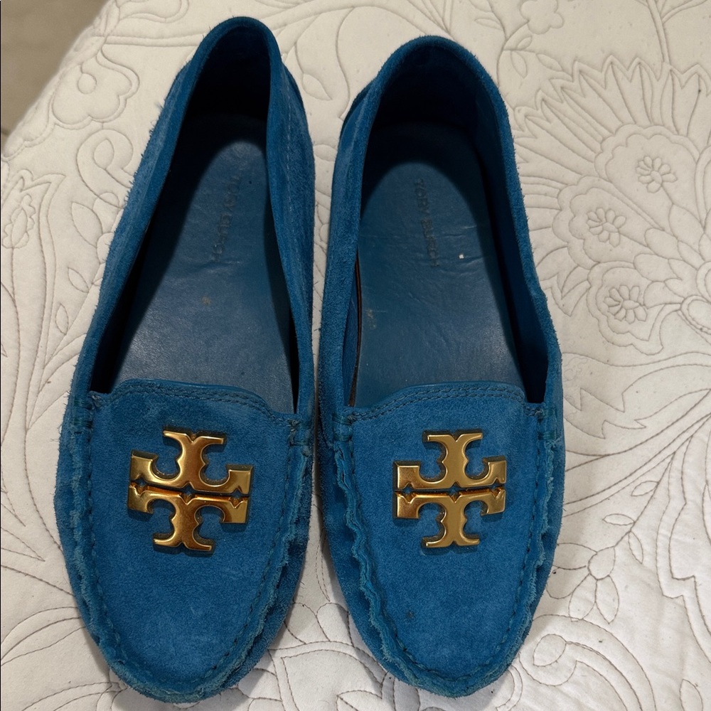 Tory Burch Teal Loafers with Gold Emblem